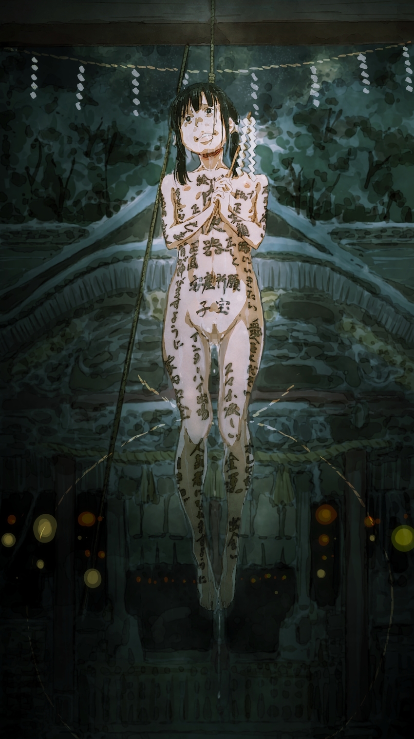 1girl body_writing ceremonial corpse flat_chest guro hanged highres nude original ritual ritual_sacrifice