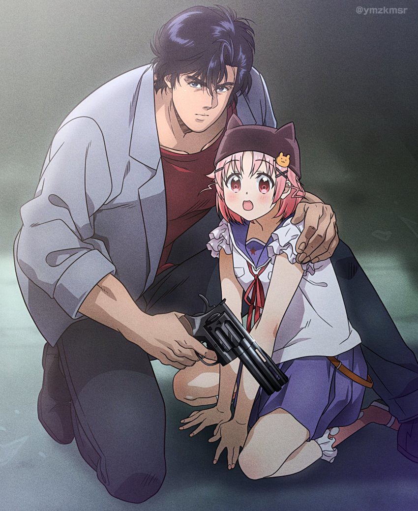 1boy 1girl animal_hat black_pants blue_sailor_collar blue_skirt city_hunter commentary_request crossover gakkou_gurashi! grey_jacket gun handgun hat highres jacket manly megurigaoka_high_school_uniform pants pink_hair pistol pleated_skirt red_eyes red_shirt saeba_ryou sailor_collar school_uniform shirt short_hair skirt takeya_yuki weapon weapon_request yuu_(masarunomori)