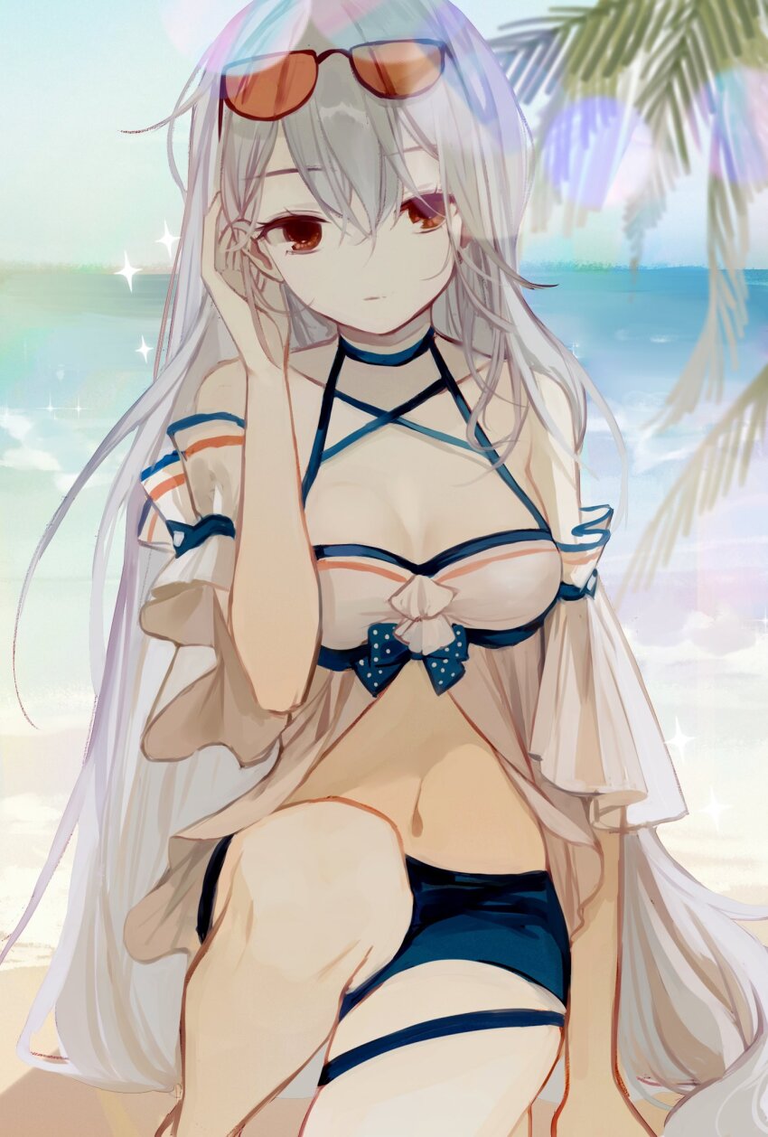 adjusting_hair alternate_costume aqua_jingche arknights bare_legs bare_shoulders bikini blue_bikini blue_choker blue_ribbon blue_sky breasts character_request choker cleavage closed_mouth commentary criss-cross_straps day expressionless eyelashes eyewear_on_head hair_between_eyes halterneck hand_in_own_hair hashtag-only_commentary highres knees leg_ribbon lens_flare long_hair medium_breasts mismatched_bikini navel ocean on_one_knee orange-tinted_eyewear outdoors palm_leaf red-framed_eyewear red_eyes ribbon shore short_sleeves sky sparkle straight_hair sunglasses swimsuit thigh_ribbon tinted_eyewear very_long_hair white_bikini white_hair