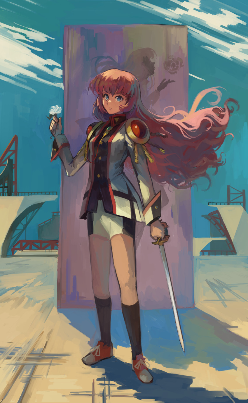 1girl absurdres arm_at_side black_socks blue_eyes blue_sky closed_mouth eyelashes floating_hair full_body highres holding holding_sword holding_weapon jacket kornod long_hair long_sleeves looking_at_viewer outdoors pink_hair shadow shoes shorts shoujo_kakumei_utena shoujo_kakumei_utena_adolescence_mokushiroku sky sneakers socks solo sword tenjou_utena weapon white_jacket white_shorts