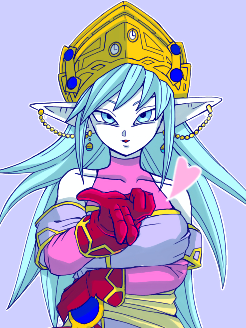 1girl aeos_(dragon_ball) arm_under_breasts blowing_kiss blue_eyes blue_hair colored_skin dragon_ball dragon_ball_heroes earrings gloves highres jewelry long_hair looking_at_viewer parted_lips pointy_ears potara_earrings purple_background red_gloves shin_(mrgt2288) simple_background solo tiara upper_body white_skin