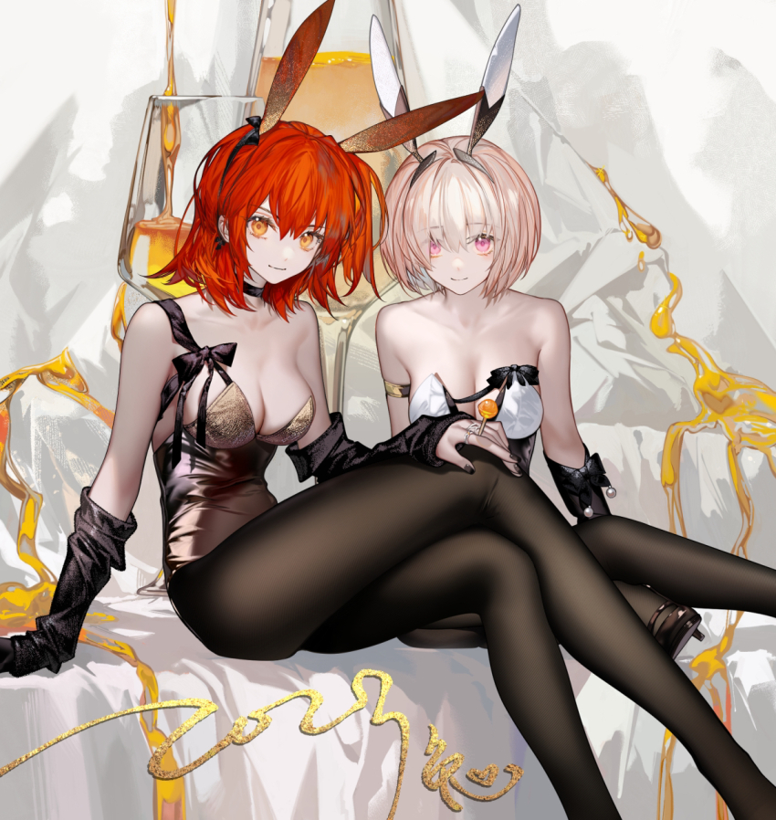 2girls animal_ears arlizi bare_shoulders black_choker black_nails black_pantyhose black_sleeves breasts candy choker cleavage crossed_legs detached_sleeves fake_animal_ears fate/grand_order fate_(series) feet_out_of_frame food fujimaru_ritsuka_(female) highres jewelry lollipop looking_at_viewer mash_kyrielight medium_breasts medium_hair multiple_girls nail_polish orange_eyes orange_hair pantyhose purple_eyes rabbit_ears ring sitting thighs