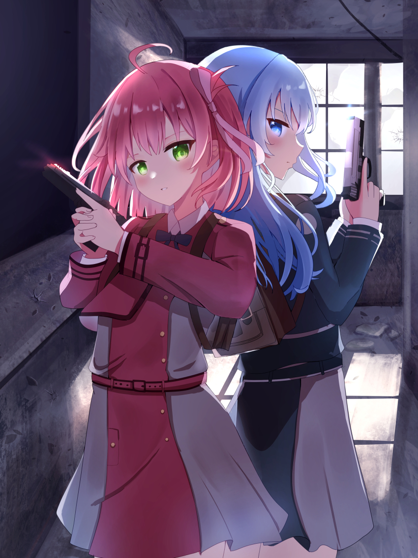 2girls abandoned absurdres ahoge back-to-back backpack bag blue_dress blue_eyes blue_hair blue_jacket blush broken_window bullet_hole buttons chalkboard classroom collared_shirt cosplay double-breasted dress glowing glowing_eyes green_dress green_eyes gun hair_ribbon handgun highres holding holding_gun holding_weapon hololive hoshimachi_suisei indoors inoue_takina inoue_takina_(cosplay) jacket long_hair long_sleeves looking_at_viewer lycoris_recoil lycoris_uniform medium_hair multiple_girls neck_ribbon nishikigi_chisato nishikigi_chisato_(cosplay) parted_lips pink_hair pleated_dress red_dress red_jacket ribbon sakura_miko school school_bag shirt standing star_(symbol) star_in_eye surume_mode symbol_in_eye trigger_discipline two-tone_dress undershirt virtual_youtuber weapon white_shirt window_shadow