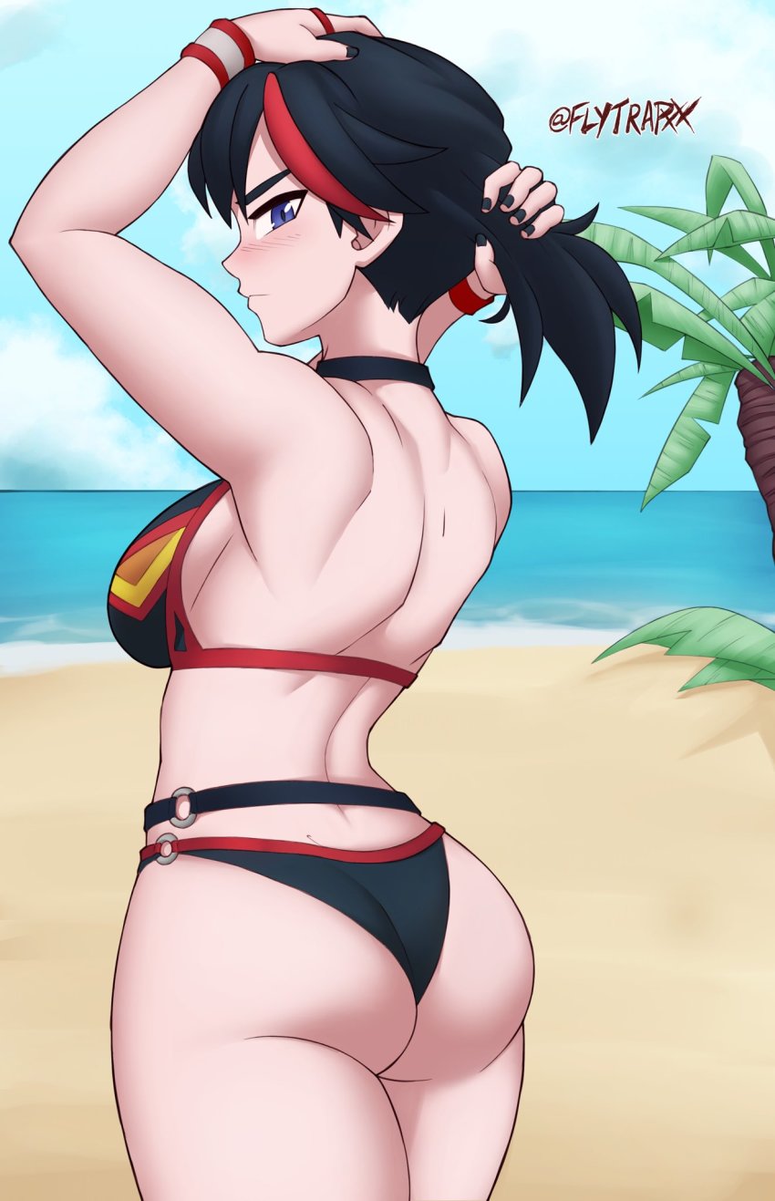 1girl adapted_costume artist_name ass back beach bikini blue_eyes blush breasts flytrapxx highres huge_ass kill_la_kill large_breasts looking_at_viewer matoi_ryuuko multicolored_hair nail_polish palm_tree ponytail red_hair senketsu short_hair sky solo streaked_hair swimsuit thighs tree water