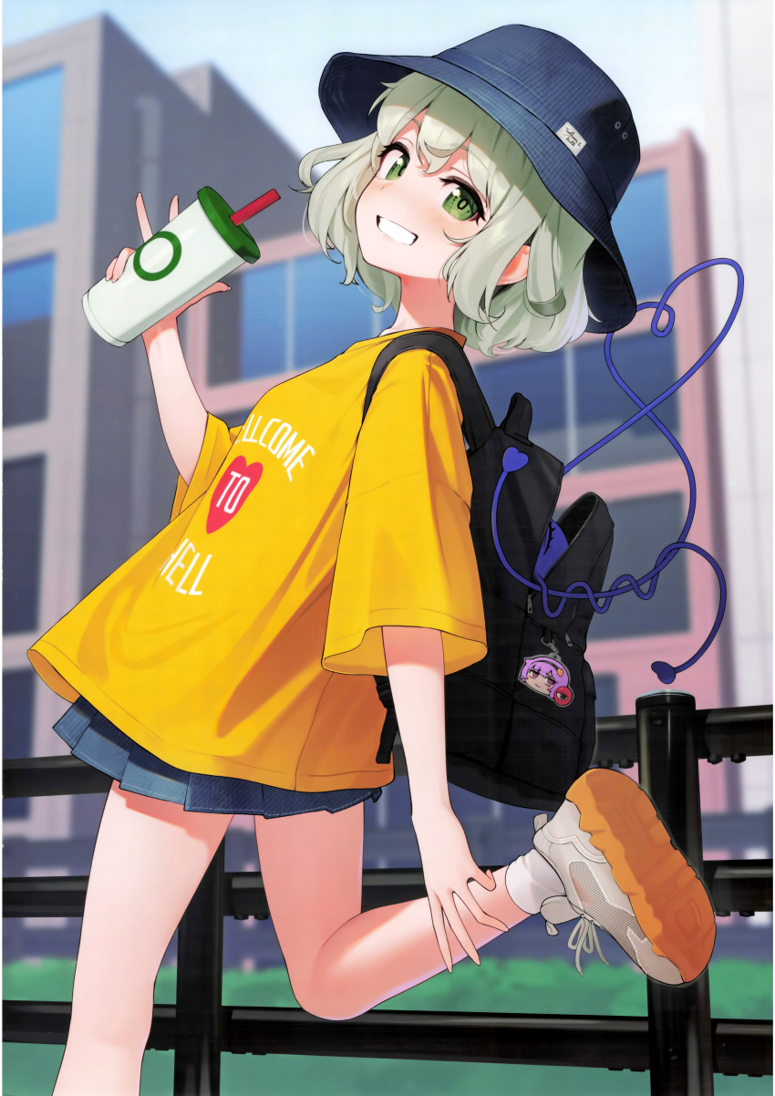 1girl absurdres alternate_costume backpack bag blue_hat blue_skirt breasts bucket_hat building charm_(object) clothes_writing cowboy_shot cup denim denim_skirt disposable_cup drinking_straw green_eyes green_hair grin hat heart heart_of_string highres holding holding_cup kanpa_(campagne_9) komeiji_koishi komeiji_satori leg_up looking_at_viewer miniskirt railing scan shirt shoes short_sleeves skirt small_breasts smile sneakers socks solo t-shirt third-party_source third_eye touhou white_footwear white_socks yellow_shirt