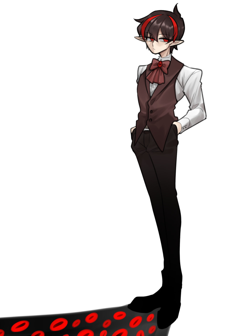 1boy 69_ronku ascot bad_id bad_pixiv_id black_hair black_pants collared_shirt different_shadow hands_in_pockets highres library_of_ruina long_sleeves looking_to_the_side multicolored_hair nosferatu_(project_moon) pants parted_lips pointy_ears project_moon red_ascot red_hair red_vest shirt simple_background solo streaked_hair teeth vest white_background white_shirt