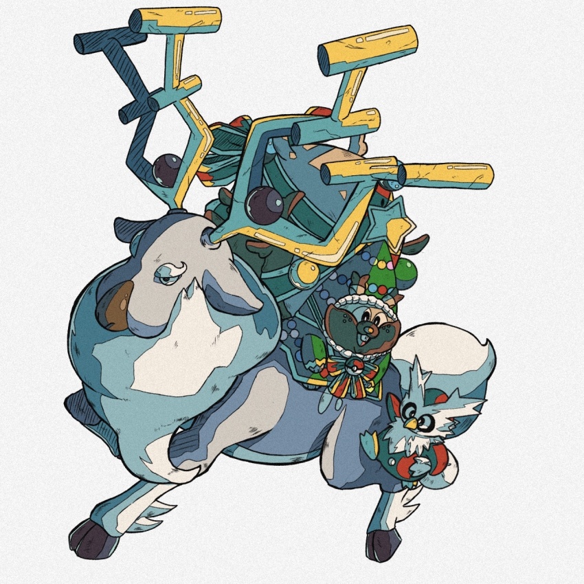 antlers bag christmas costume creatures_(company) debudebumetabo delibird game_freak gen_2_pokemon gen_8_pokemon greedent highres horns nintendo no_humans pokemon pokemon_(creature) white_background wyrdeer