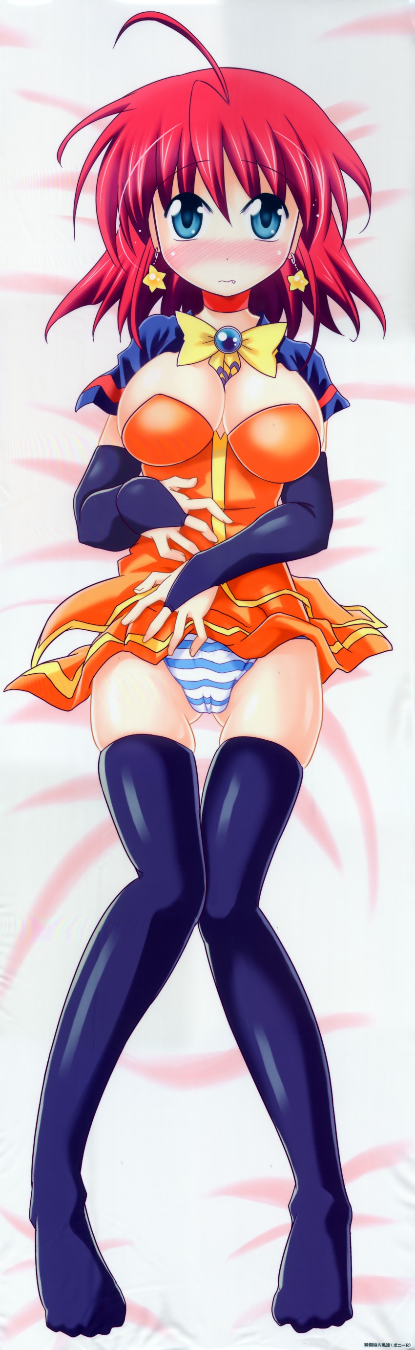 1girl absurdres alice_wishheart blue_eyes blush dakimakura_(medium) earrings female_focus highres jewelry long_image lying magical_halloween panties pony_r red_hair short_hair solo tall_image thighhighs underwear