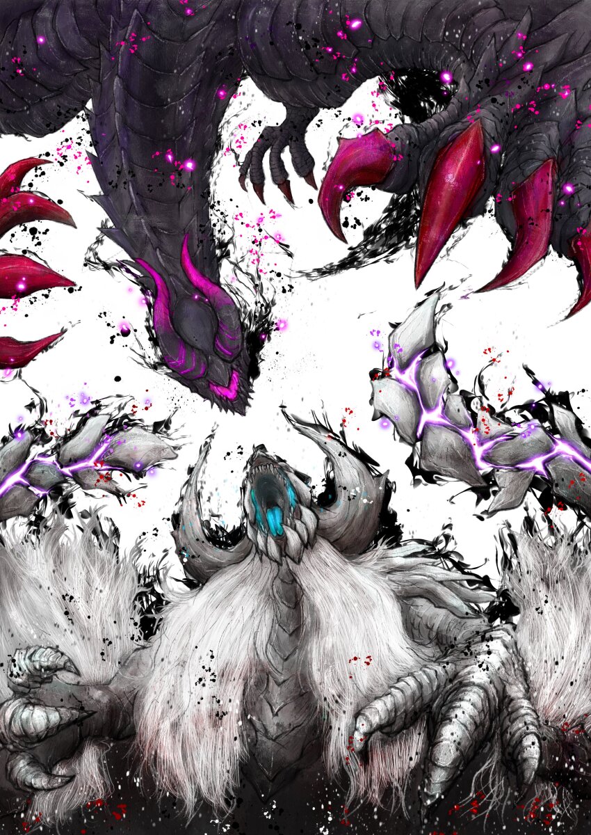 absurdres arkveld backward_facing_horns black_scales catherine5884 clawed_hands claws dragon dragon_horns dragon_wings glowing gore_magala gradient_scales grey_fur highres horns monster monster_focus monster_hunter_(series) monster_hunter_wilds neck_fur no_humans open_mouth purple_claws purple_horns scales sharp_teeth spiked_arm spiked_wings teeth western_dragon white_background white_scales wings wyvern