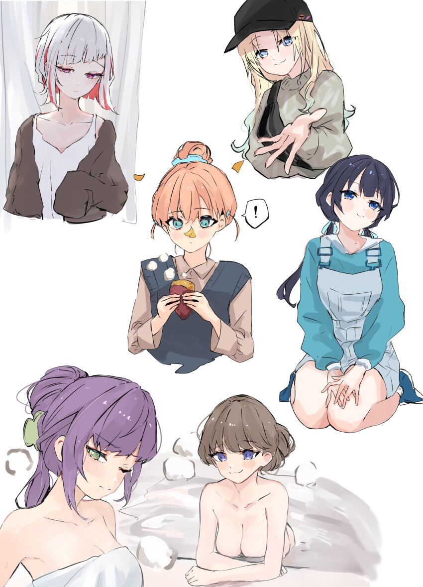 ! 6+girls :/ :3 aqua_eyes autumn_leaves averting_eyes baked_potato baseball_cap black_bag black_hat black_sweater_vest blonde_hair blue_eyes blue_footwear blue_hair blue_hoodie blue_overalls breasts brown_cardigan brown_shirt camisole cardigan cleavage closed_mouth collarbone collared_shirt colored_inner_hair commentary cropped_torso dark_blue_hair fang fang_out food fujishima_megumi grey_hair hair_bun half-closed_eyes hat highres hinoshita_kaho holding holding_food hood hoodie jin_(oihlf) knit_sweater large_breasts leaf_on_face link!_like!_love_live! long_hair love_live! low_twintails mole mole_on_neck multicolored_hair multiple_girls murano_sayaka naked_towel nude offering_hand one_eye_closed open_cardigan open_clothes osawa_rurino otomune_kozue overall_shorts overalls partially_submerged ponytail red_eyes red_hair same-sex_bathing seiza shared_bathing shirt shoes short_hair sidelocks sideways_glance single_hair_bun single_off_shoulder sitting skin_fang smile split_mouth spoken_exclamation_mark streaked_hair sweater_vest towel twintails two_side_up virtual_youtuber white_background white_camisole yugiri_tsuzuri