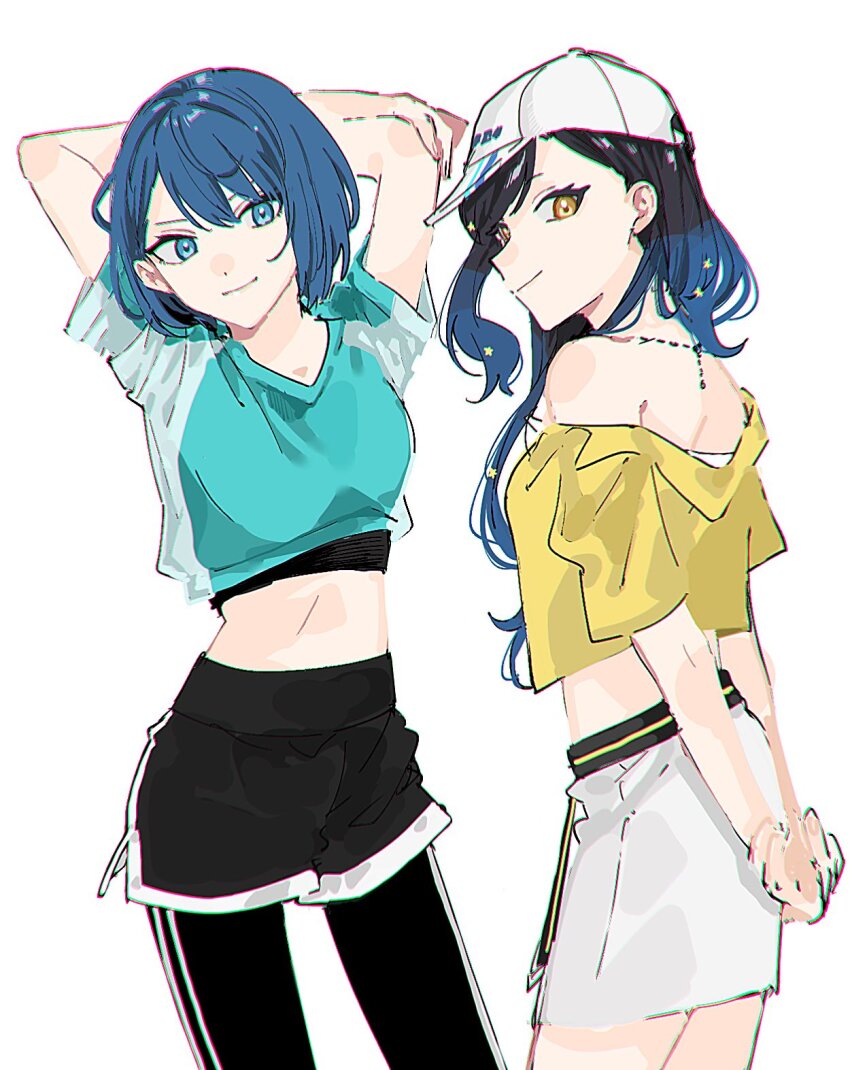 2girls arms_behind_back baseball_cap black_hair black_pants blue_eyes blue_hair blue_shirt hair_behind_ear hat highres kiritani_haruka leggings long_hair looking_at_viewer midriff mope multiple_girls off_shoulder pants project_sekai shiraishi_an shirt short_hair shorts simple_background skirt smile white_background