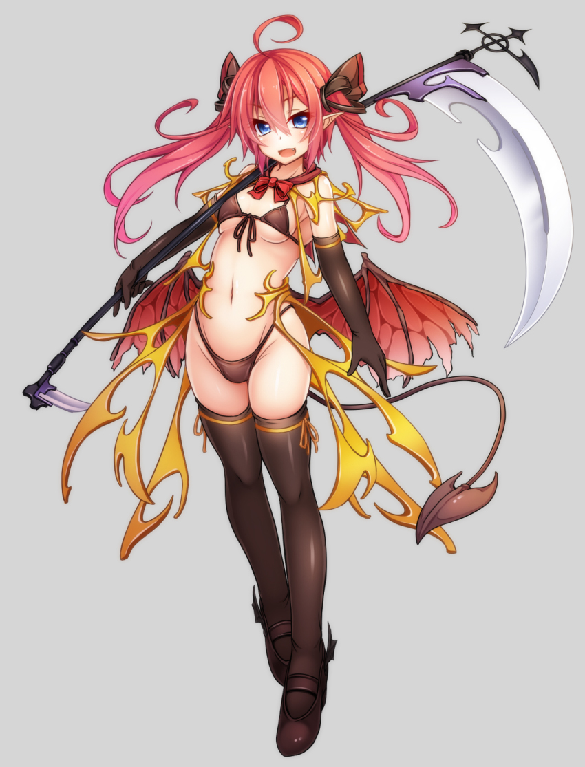 &gt;:d 1girl :d ahoge armor bikini blue_eyes blush boots bow bowtie breasts brown_bikini brown_footwear demon_girl demon_tail demon_wings fang female_focus front-tie_top full_body grey_background hair_ribbon highres holding holding_weapon navel open_mouth original pointy_ears red_bow red_bowtie red_hair ribbon scythe simple_background small_breasts smile solo stomach swimsuit tail thigh_boots thighhighs twintails underboob v-shaped_eyebrows wakagi_repa weapon wings yellow_ribbon