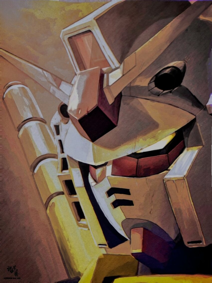 artist_logo artist_name close-up commentary_request gundam highres mecha mecha_focus mobile_suit mobile_suit_gundam moroboshi_danshaku no_humans portrait robot rx-78-2 science_fiction solo v-fin yellow_eyes