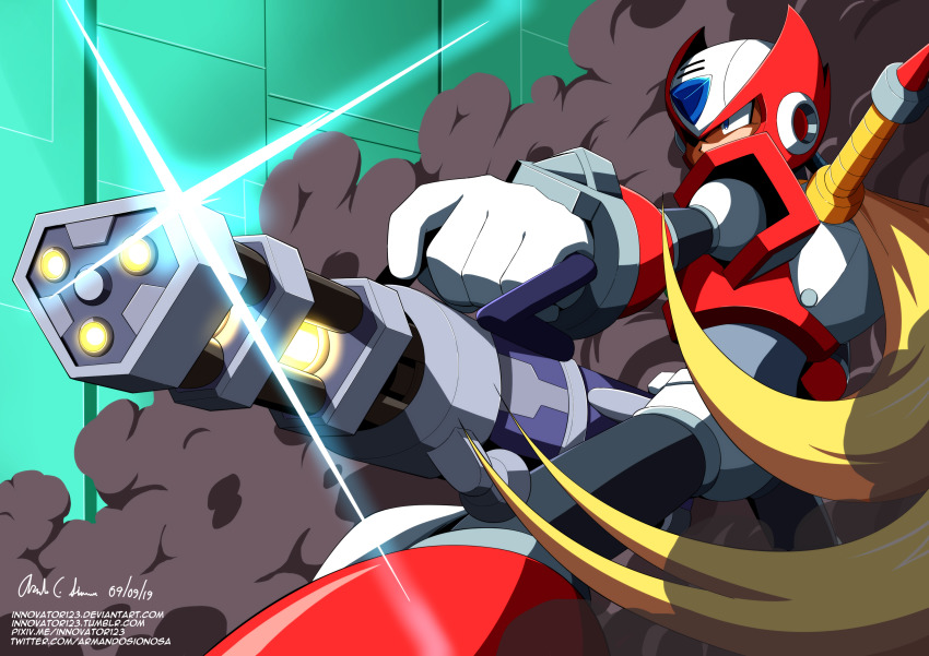 1boy absurdres armor blonde_hair gatling_gun glint gun highres holding holding_gun holding_weapon innovator123 long_hair male_focus mega_man_(series) mega_man_x_(series) mega_man_x_dive pixiv_username smoke solo sword_hilt tumblr_username watermark weapon web_address zero_(mega_man)