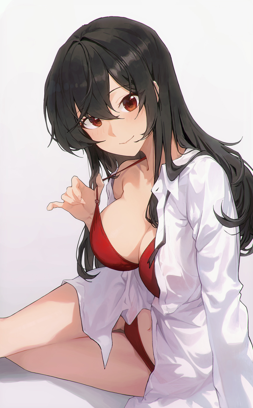 1girl arm_support bikini bikini_under_clothes black_hair blush breasts cleavage closed_mouth commentary_request hair_between_eyes highres kawaii_hito large_breasts long_sleeves looking_at_viewer navel open_clothes open_shirt original reclining red_bikini red_eyes shirt simple_background smile solo strap_lift swimsuit thigh_gap white_background white_shirt