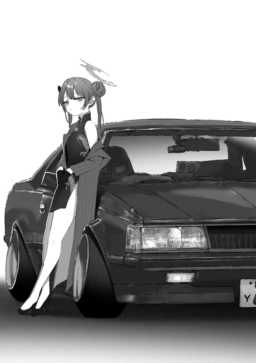 1girl bare_legs blue_archive car china_dress chinese_clothes dragon_print dress floral_print hair_bun high_heels highres jacket jun_project kisaki_(blue_archive) leaning_back looking_at_viewer motor_vehicle single_bare_shoulder