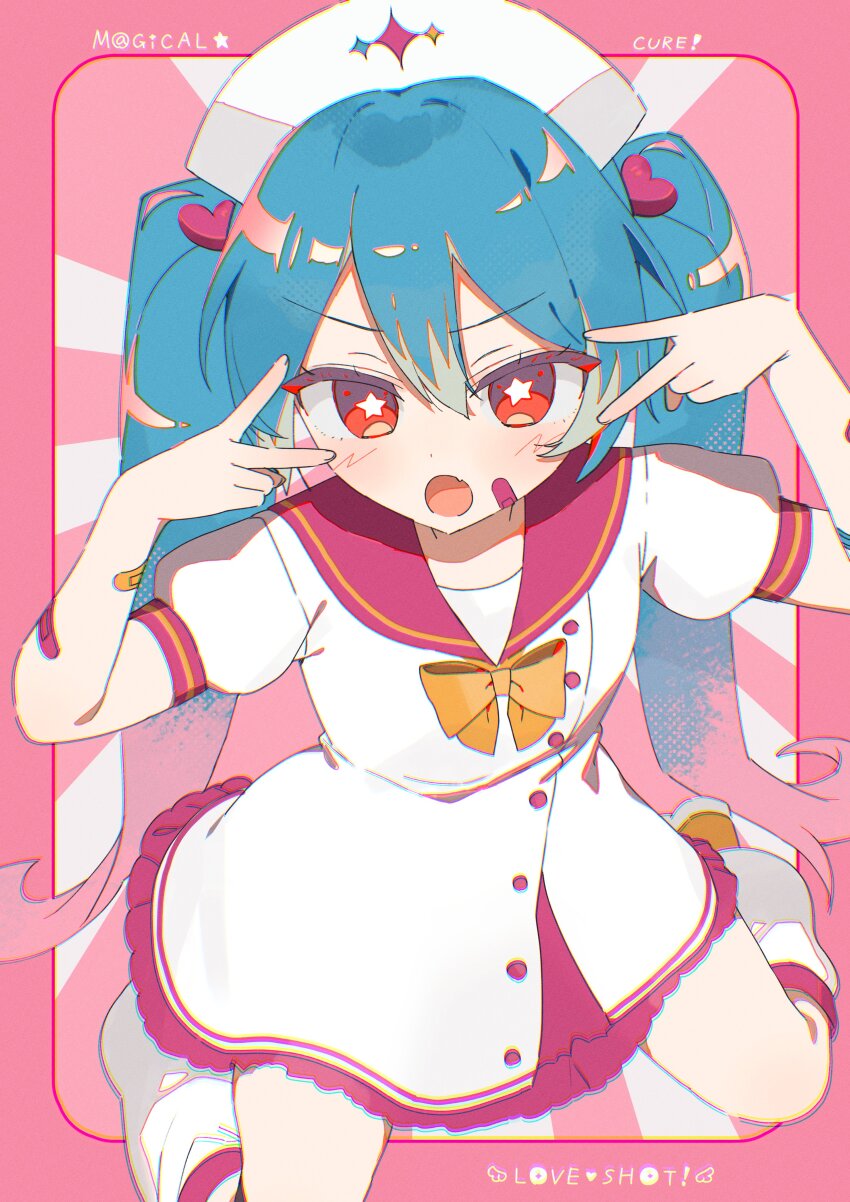 1girl absurdres bandaid bandaid_on_arm bandaid_on_cheek bandaid_on_face blue_hair bow bowtie commentary_request double_v dress hair_ornament hat hatsune_miku heart heart_hair_ornament highres long_hair looking_at_viewer loose_socks m@gical_cure!_love_shot!_(vocaloid) multicolored_hair nurse_cap open_mouth pink_hair red_eyes sailor_collar sailor_dress short_sleeves sitting socks solo song_name star-shaped_pupils star_(symbol) symbol-shaped_pupils tsuchinoko_(tutituti0125) twintails v v_over_eye very_long_hair vocaloid wariza