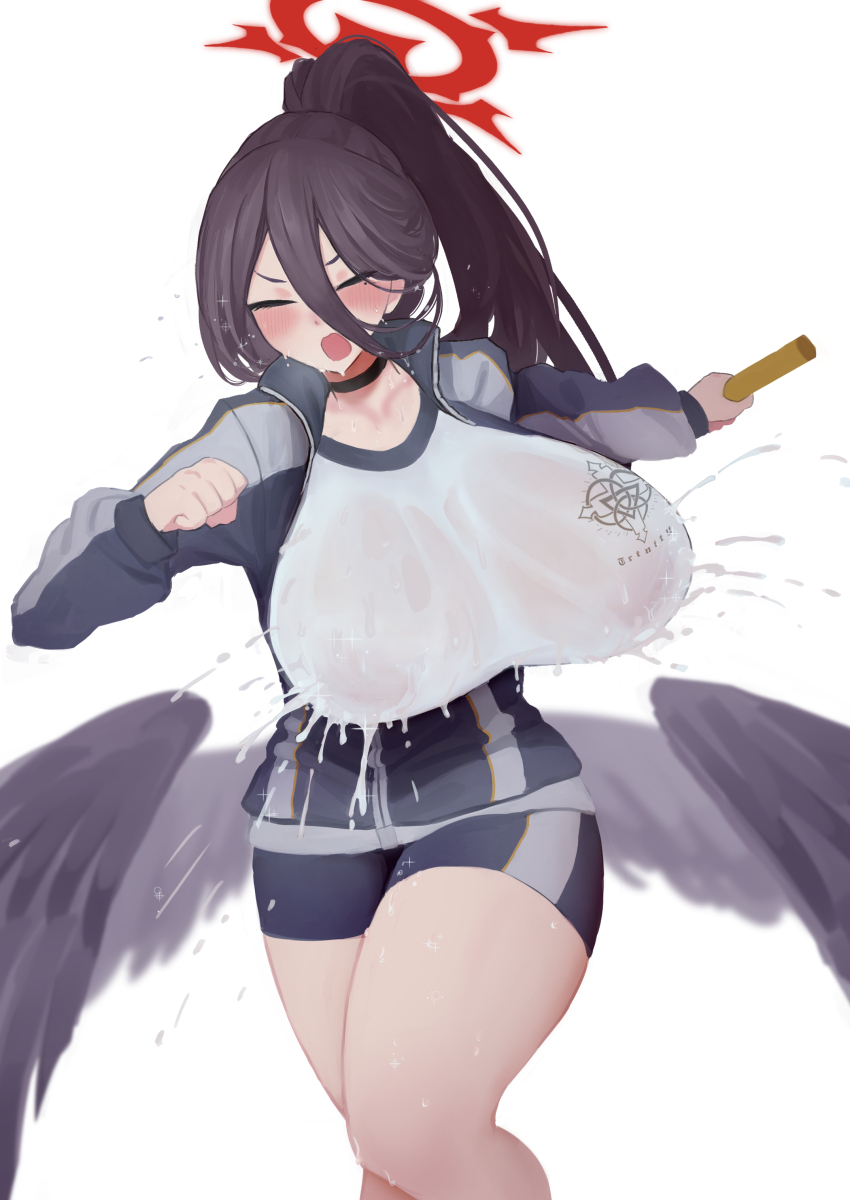 1girl absurdres black_wings blue_archive closed_eyes gym_uniform halo hasumi_(blue_archive) hasumi_(track)_(blue_archive) highres jakku lactation milk running see-through_clothes short_shorts shorts solo thighs wet wings