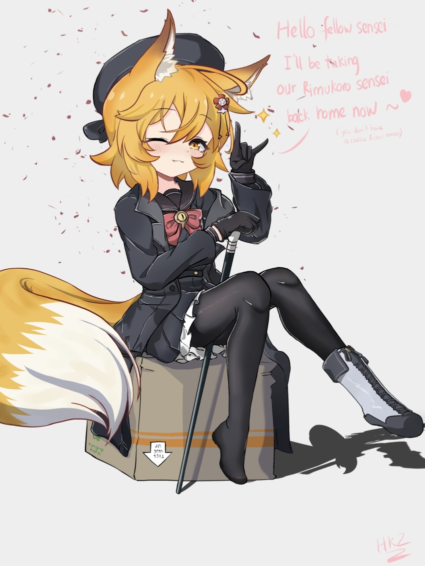 1girl :3 animal_ear_fluff animal_ears black_gloves black_hat black_jacket black_pantyhose black_sailor_collar black_serafuku black_shirt black_skirt blonde_hair blue_archive boots box cane cosplay fangs flower fox_ears fox_girl fox_shadow_puppet fox_tail gloves hair_between_eyes hair_flower hair_ornament hat hellkids2 highres holding holding_cane jacket on_box one_eye_closed pantyhose professor_niyaniya_(blue_archive) professor_niyaniya_(blue_archive)_(cosplay) red_ribbon ribbon sailor_collar school_uniform senko_(sewayaki_kitsune_no_senko-san) serafuku sewayaki_kitsune_no_senko-san shirt shoes single_shoe sitting sitting_on_box skirt tail white_footwear