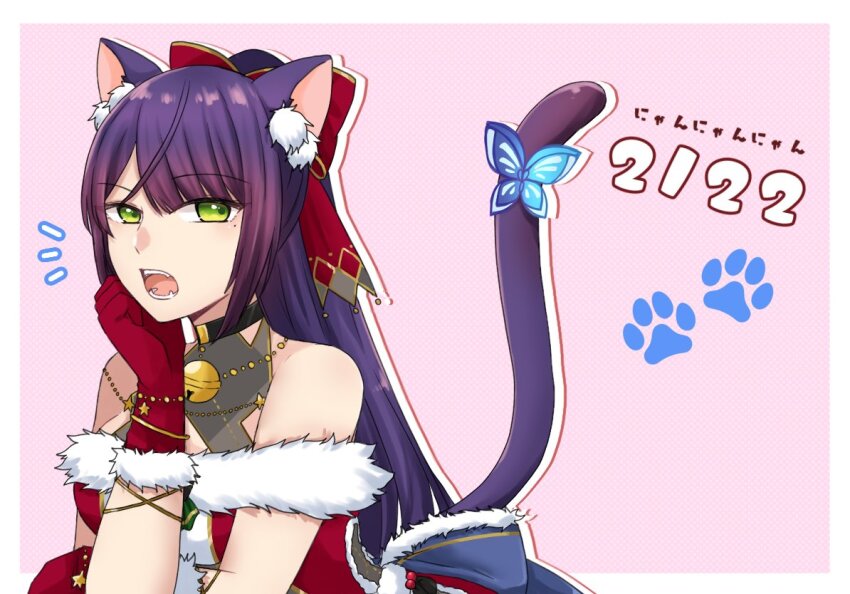 1girl animal_ears assault_lily back_bow bare_shoulders bell black_choker blue_bow border bow breasts cat_day cat_ears cat_girl cat_tail choker commentary fangs funada_kiito fur-trimmed_bow fur-trimmed_gloves fur-trimmed_shirt fur_trim gloves green_eyes hair_bow hair_ornament halter_shirt halterneck hand_on_own_chin hand_up high_ponytail jewelry jingle_bell kemonomimi_mode long_hair looking_at_viewer medium_breasts mole mole_under_eye neck_bell necklace nigari_(ngari_0115) notice_lines official_alternate_costume official_alternate_hairstyle open_mouth outline outside_border pink_background polka_dot polka_dot_background pom_pom_(clothes) pom_pom_hair_ornament ponytail red_bow red_gloves red_shirt santa_costume shirt solo tail tail_ornament tail_raised translated two-tone_shirt upper_body very_long_hair white_border white_outline white_shirt