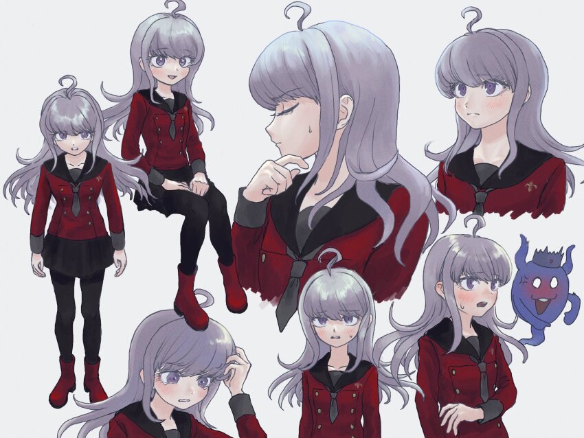 1boy 1girl 720_(67ojz36kim5116) ahoge anger_vein black_pantyhose black_sailor_collar blush boots closed_mouth commentary_request cropped_torso crossdressing crown full_body ghost grey_neckerchief hand_on_own_chin highres horns long_hair long_sleeves looking_down male_focus master_detective_archives:_rain_code multiple_views neckerchief official_alternate_costume open_mouth pantyhose pointing profile purple_eyes purple_hair red_footwear red_shirt sailor_collar school_uniform serafuku shinigami_(ghost)_(rain_code) shinigami_(rain_code) shirt simple_background sitting smile spoilers standing sweatdrop tears trap yuma_kokohead