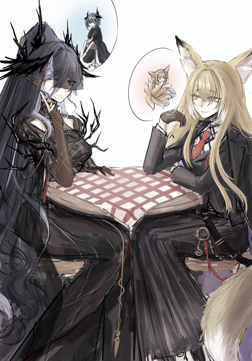 1boy 3girls ;) animal_ear_fluff animal_ears arknights black_coat black_dress black_jacket black_wings blonde_hair blue_hairband bob_cut brown_gloves chloehonami closed_mouth coat coat_on_shoulders commentary dress elbow_gloves feet_out_of_frame fox_ears fox_girl fox_tail gloves grey_hair hair_intakes hairband head_wings high_ponytail highres index_finger_raised jacket laqeramaline_(arknights) logos_(arknights) long_hair long_sleeves looking_at_another mother_and_daughter mother_and_son multiple_girls multiple_tails necktie on_chair one_eye_closed partially_fingerless_gloves pointy_ears purple_hair red_eyes red_necktie see-through_clothes see-through_veil short_hair simple_background sitting smile stool suit_jacket suzuran_(arknights) tail trap veil very_long_hair vulpisfoglia_(arknights) white_background wings yellow_eyes yellow_tail