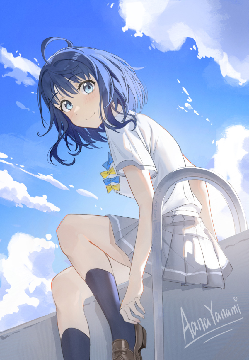 1girl absurdres adjusting_footwear ahoge artist_name blue_bow blue_bowtie blue_eyes blue_hair blue_socks bow bowtie brown_footwear character_name closed_mouth collared_shirt dated day feet_out_of_frame grey_skirt highres loafers looking_at_viewer make_heroine_ga_oo_sugiru! medium_hair outdoors pleated_skirt qiuwaq school_uniform shirt shoes sitting skirt sky socks solo white_shirt yanami_anna yellow_bow yellow_bowtie