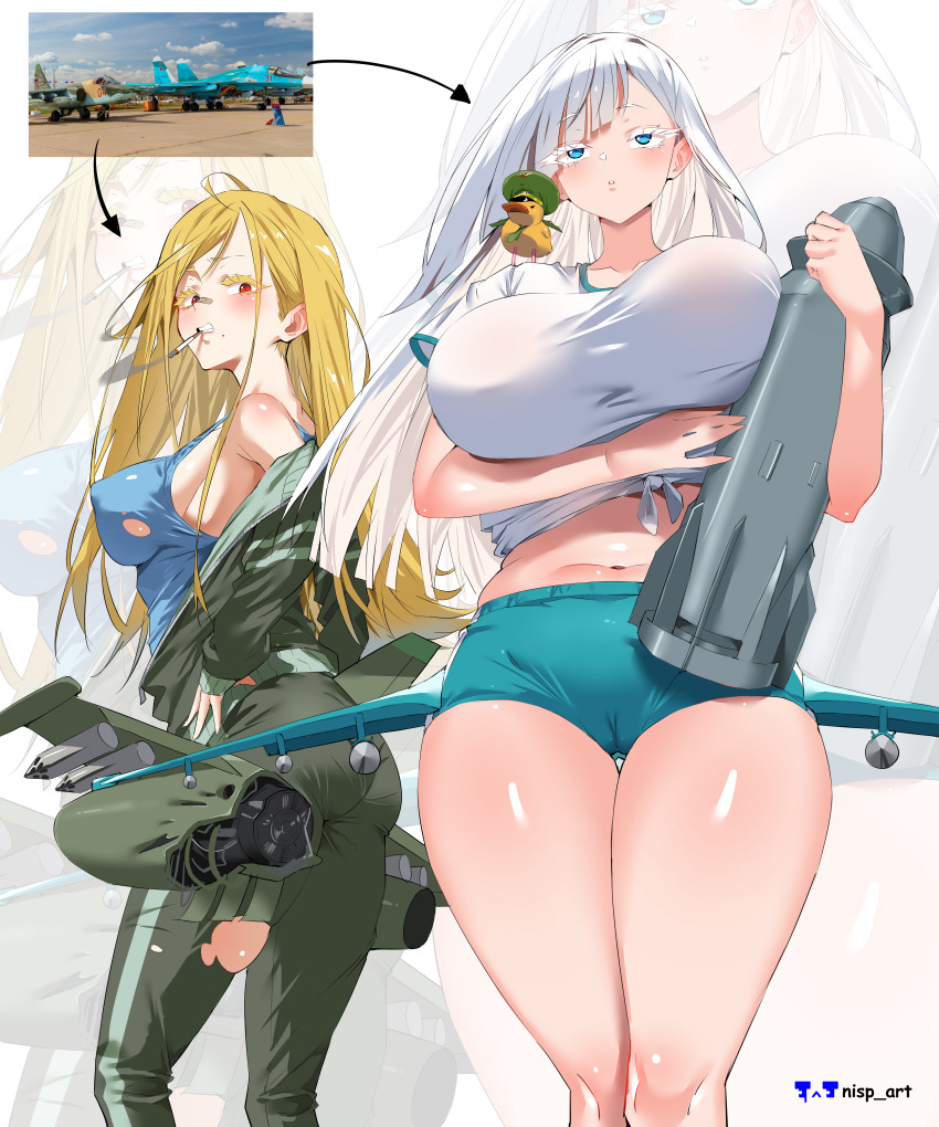 2girls absurdres artist_name bandaid bandaid_on_face bandaid_on_nose bird blonde_hair blue_eyes breasts cameltoe cigarette colored_eyelashes duck highres large_breasts multiple_girls navel nisp_art original personification red_eyes reference_inset white_background white_hair