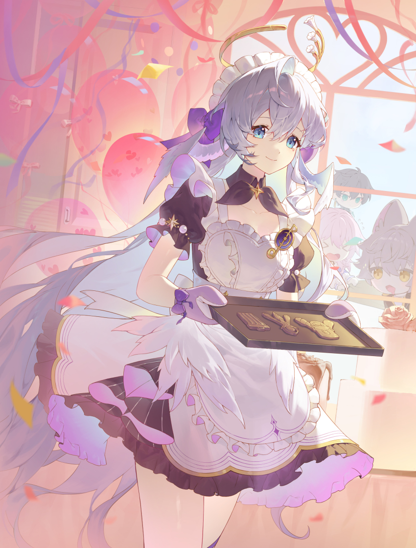 2boys 2girls absurdres alternate_costume apron balloon black_dress blue_eyes bow caelus_(honkai:_star_rail) commentary cookie cowboy_shot dan_heng_(honkai:_star_rail) detached_collar dress dutch_angle food grey_hair halo head_wings highres holding holding_tray honkai:_star_rail honkai_(series) indoors long_hair maid_headdress march_7th_(honkai:_star_rail) mongguri multiple_boys multiple_girls oven_mitts pom-pom_(honkai:_star_rail) purple_bow purple_ribbon red_ribbon ribbon robin_(honkai:_star_rail) short_sleeves smile trailblazer_(honkai:_star_rail) tray white_apron window wings