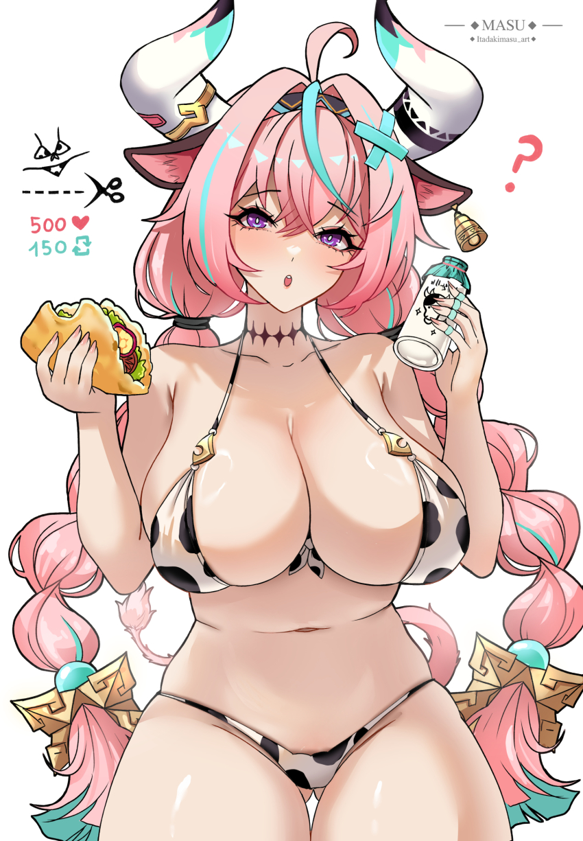 1girl :o ? ahoge animal_ears animal_print aqua_hair bell bikini bottle breasts cleavage cow_ears cow_girl cow_horns cow_print cow_print_bikini food genshin_impact hairband highres holding holding_food horns itadakimasu_art large_breasts milk_bottle multicolored_hair pink_hair print_bikini purple_eyes simple_background sitting solo streaked_hair swimsuit taco varesa_(genshin_impact) white_background