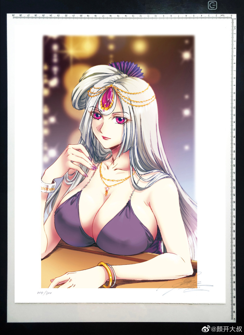 1girl absurdres bare_shoulders blurry blurry_background bracelet breasts cleavage dress fake_scan gem hair_ornament hand_up highres huge_breasts jewelry long_hair mature_female mohe_(star_guardians) necklace power_symbol purple_dress purple_eyes purple_nails red_gemstone red_lips signature sleeveless sleeveless_dress solo spaghetti_strap star_guardians table tri_hair_rings upper_body weibo_logo weibo_watermark white_hair yan_kai