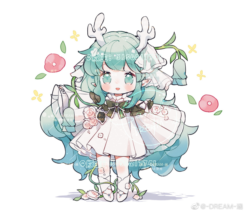 1girl antlers aqua_eyes aqua_hair blue_hair blush_stickers chibi chinese_commentary commentary_request dream_han dress eyelashes flower gradient_hair hair_flower hair_ornament highres horns kneehighs knees lily_of_the_valley long_hair long_sleeves looking_at_viewer multicolored_hair open_mouth original petals petticoat pink_flower pink_rose plant pleated_dress pointy_ears rose rose_petals sample_watermark shoes short_dress simple_background sleeves_past_fingers sleeves_past_wrists smile socks solo sparkle standing very_long_hair vines watermark weibo_watermark white_background white_dress white_flower white_footwear white_socks wide_sleeves