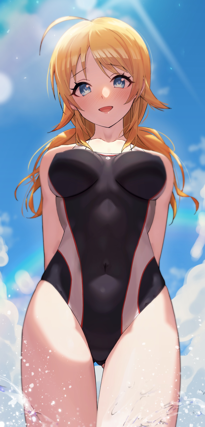 1girl 24riside absurdres ahoge arms_behind_back black_one-piece_swimsuit blonde_hair blue_eyes blue_sky breasts cloud commentary commission competition_swimsuit covered_navel cowboy_shot hachimiya_meguru hair_flaps highres idolmaster idolmaster_shiny_colors large_breasts looking_at_viewer low_twintails one-piece_swimsuit pixiv_commission sky solo standing swimsuit twintails two-tone_swimsuit