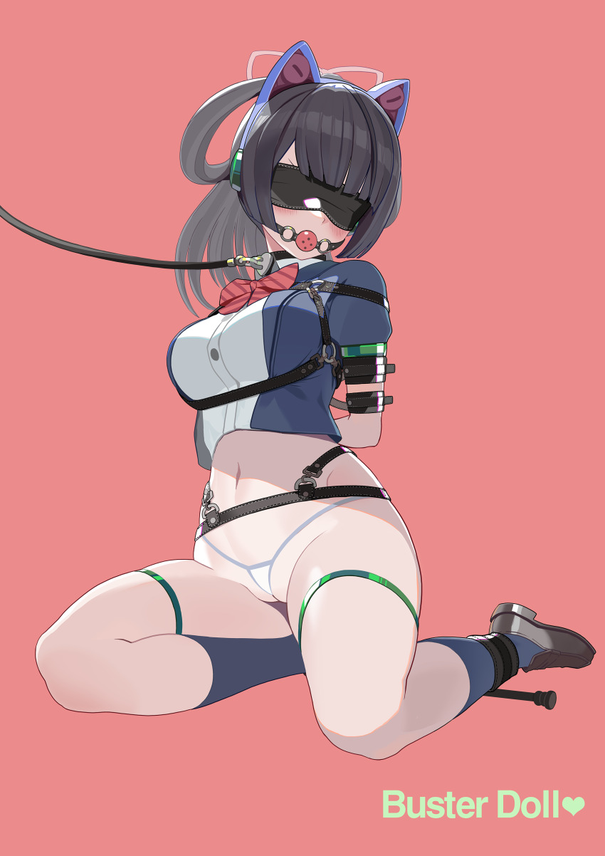 1girl absurdres animal_ears ball_gag bdsm black_hair blindfold bound bound_ankles bound_wrists buster_doll_knight collar fake_animal_ears full_body gag gagged gangrg harness highres loafers megami_device navel red_background shoes solo spreader_bar tail user_rptd8243 wiffle_gag