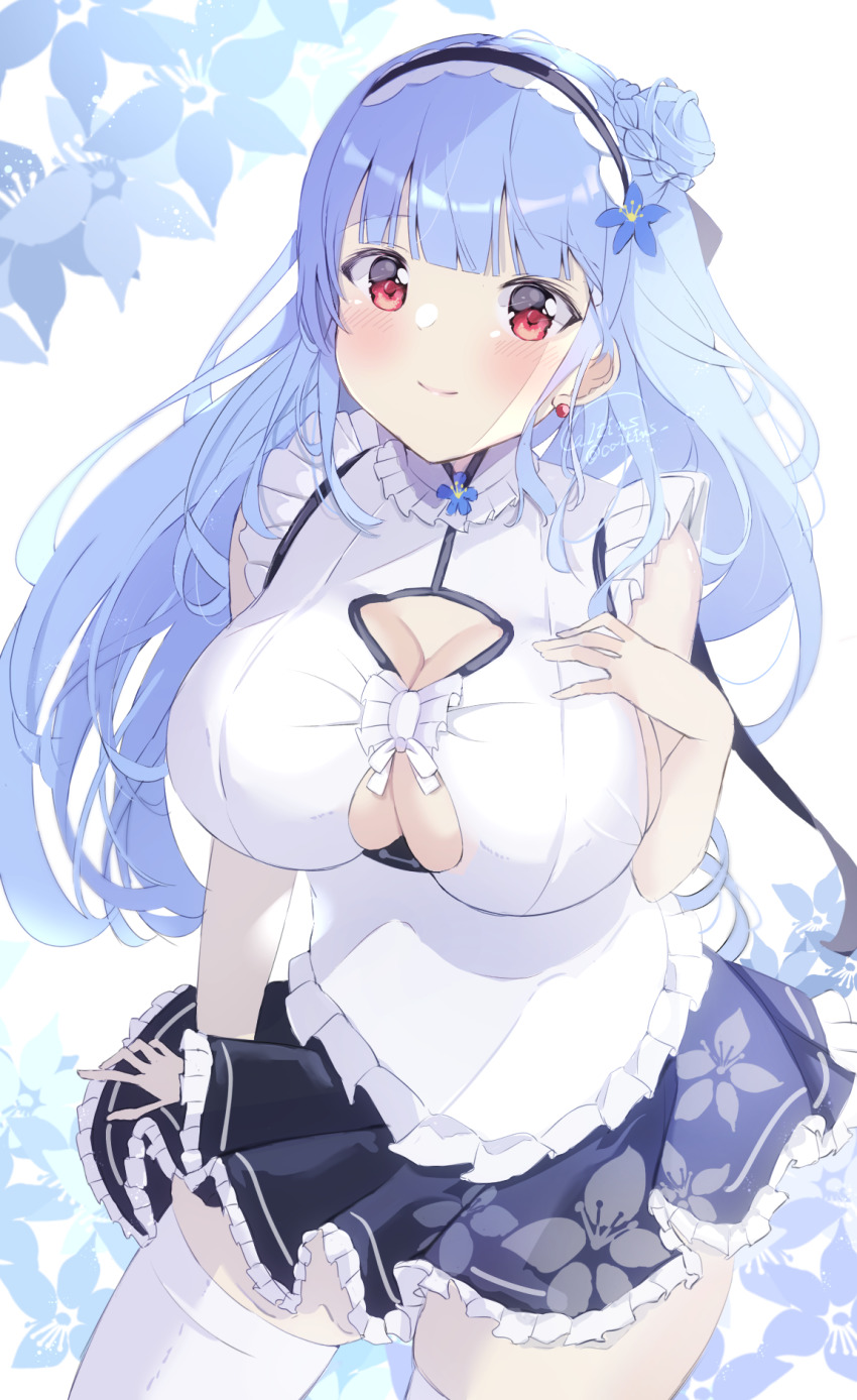 1girl adapted_costume azur_lane bad_id bad_pixiv_id black_skirt blue_hair blush braid braided_ponytail breasts caltins cleavage cleavage_cutout closed_mouth clothing_cutout dido_(azur_lane) earrings hair_bun hairband hand_on_own_chest highres jewelry large_breasts lolita_hairband looking_at_viewer maid one_side_up qi_maid red_eyes shirt single_side_bun skin_tight skirt sleeveless sleeveless_shirt smile solo thighhighs underboob_cutout white_skirt white_thighhighs