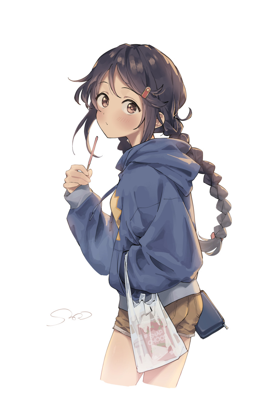 1girl absurdres bag black_hair blue_hoodie blush brown_shorts cropped_legs food hand_in_pocket highres holding holding_food holding_pocky hood hoodie idolmaster idolmaster_cinderella_girls long_hair looking_at_viewer looking_to_the_side miyoshi_sana multi-tied_hair plastic_bag pocky sanpo_(sanpo_1027) short_shorts shorts signature simple_background solo twintails very_long_hair white_background