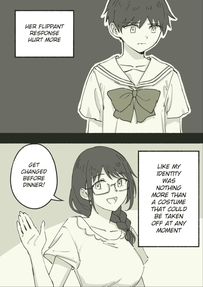 1boy 1girl averting_eyes braid crossdressing earrings english_text gender_dysphoria glasses greyscale highres jewelry monochrome mother_and_son original pas_(paxiti) right-to-left_comic school_uniform semi-rimless_eyewear serafuku short_hair single_braid thought_bubble under-rim_eyewear waving