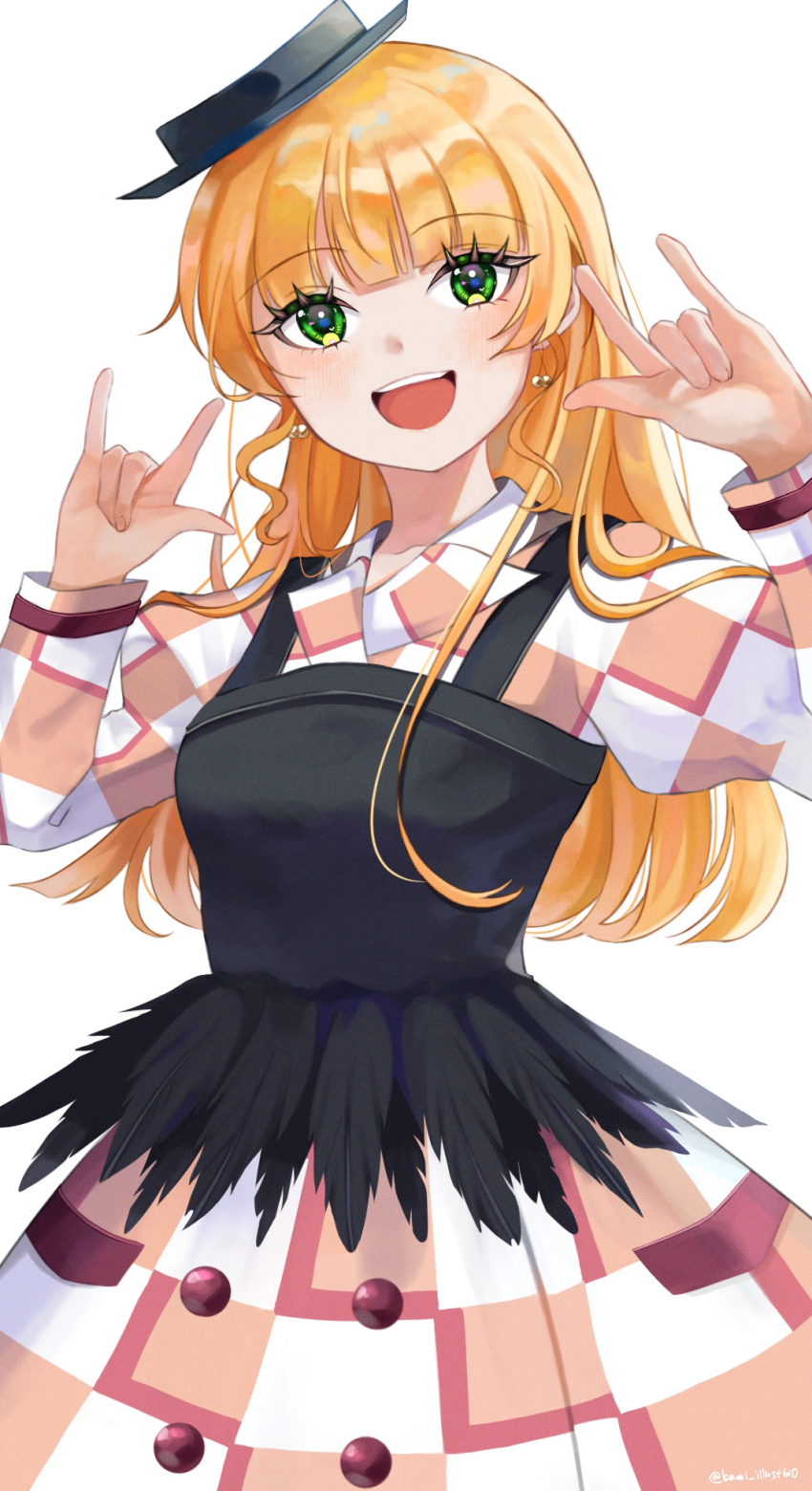 0610_kaori 1girl \m/ arms_up black_dress blonde_hair blunt_bangs checkered_clothes checkered_dress collared_dress commentary cowboy_shot curly_sidelocks double_\m/ dress green_eyes heanna_sumire highres let&#039;s_be_one_(love_live!) looking_at_viewer love_live! love_live!_superstar!! multicolored_clothes multicolored_dress orange_dress simple_background solo twitter_username white_background white_dress