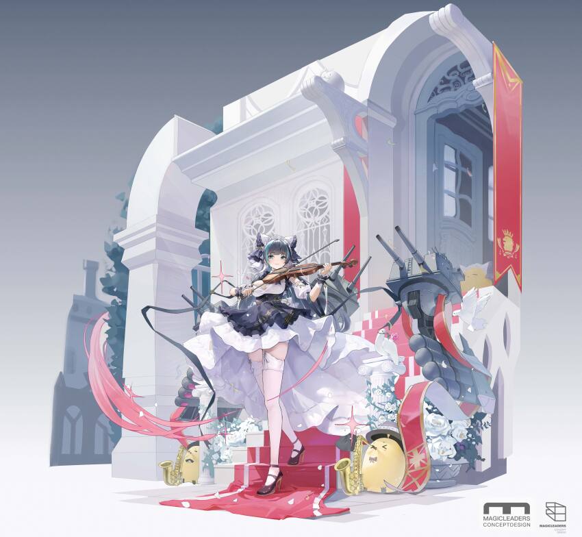 1girl absurdres animal_ears apron azur_lane bird black_footwear blue_eyes blue_hair breasts cheshire_(azur_lane) cleavage detached_sleeves di_qi_gang_guang dove dress fake_animal_ears frilled_hairband frills full_body hairband high_heels highres holding holding_instrument holding_saxophone instrument lace lace-trimmed_thighhighs lace_trim large_breasts long_dress looking_at_viewer maid_headdress manjuu_(azur_lane) multicolored_hair puffy_detached_sleeves puffy_short_sleeves puffy_sleeves purple_apron purple_hair rabbit_ears red_carpet rigging royal_navy_emblem_(azur_lane) saxophone shoes short_sleeves solo stairs streaked_hair thighhighs torpedo_launcher two-tone_hair violin white_bird white_dress white_thighhighs