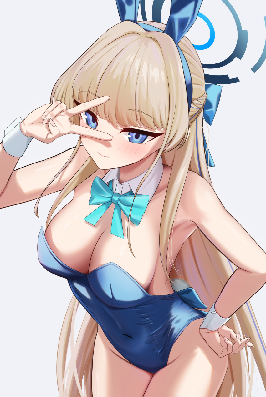 1girl absurdres animal_ears aqua_bow aqua_bowtie bare_shoulders blonde_hair blue_archive blue_eyes blue_halo blue_leotard bluetaku bow bowtie breasts cleavage closed_mouth covered_navel detached_collar fake_animal_ears halo hand_on_own_hip highres leotard long_hair medium_breasts playboy_bunny rabbit_ears rabbit_tail smile solo tail toki_(blue_archive) toki_(bunny)_(blue_archive) v v_over_eye very_long_hair wrist_cuffs