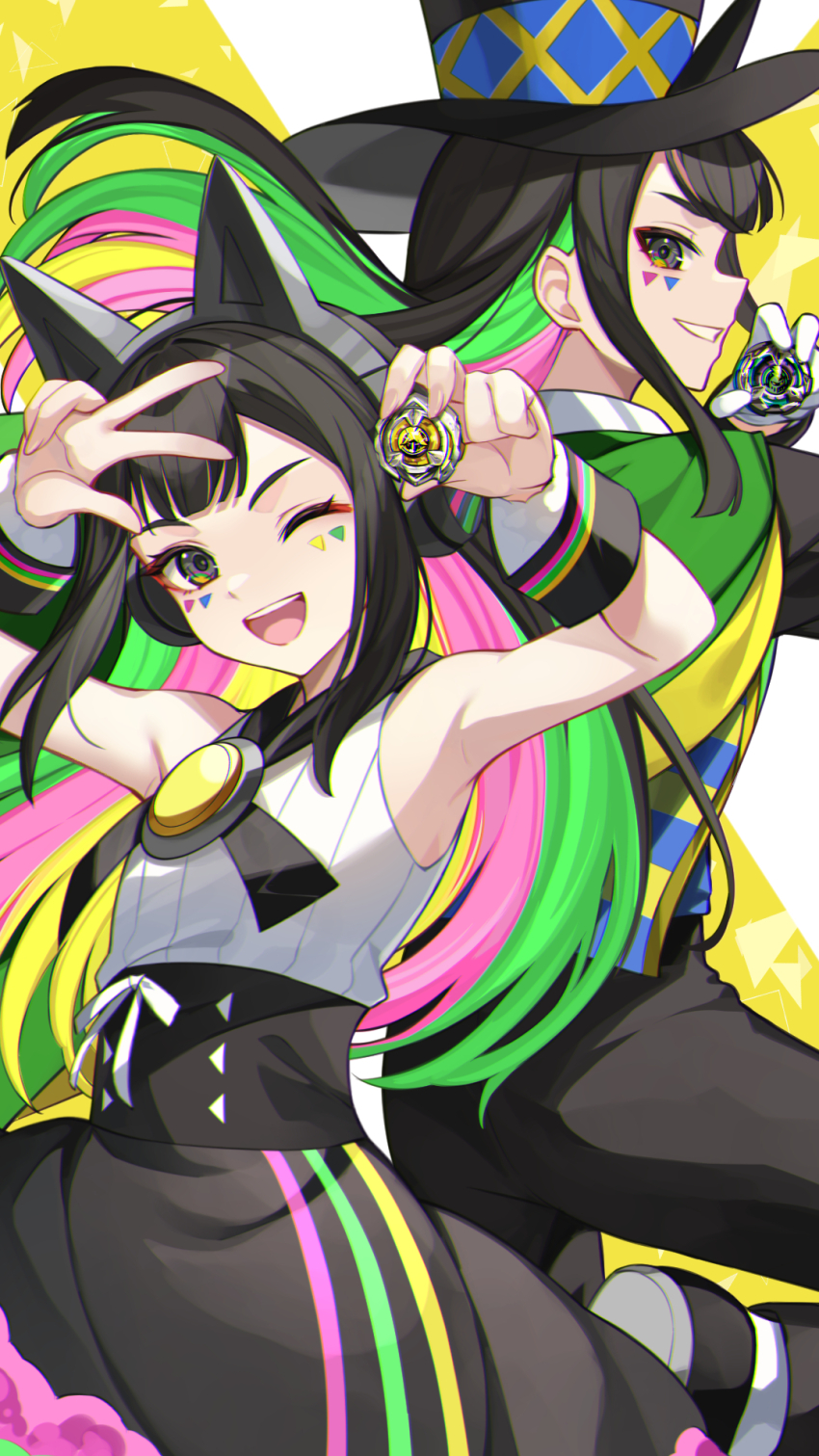 1girl ;d animal_ear_headphones animal_ears armpits arms_up bare_shoulders beyblade beyblade_x black_eyes black_hair black_pants blonde_hair cat_ear_headphones facial_mark fake_animal_ears gloves green_hair hat headphones highres holding leg_up long_hair looking_at_viewer looking_back multicolored_hair multiple_views nanairo_multi one_eye_closed open_mouth pants parted_lips pink_hair shirt sleeveless sleeveless_shirt smile takehana_note teeth tomy_company_ltd. top_hat upper_teeth_only white_gloves white_shirt