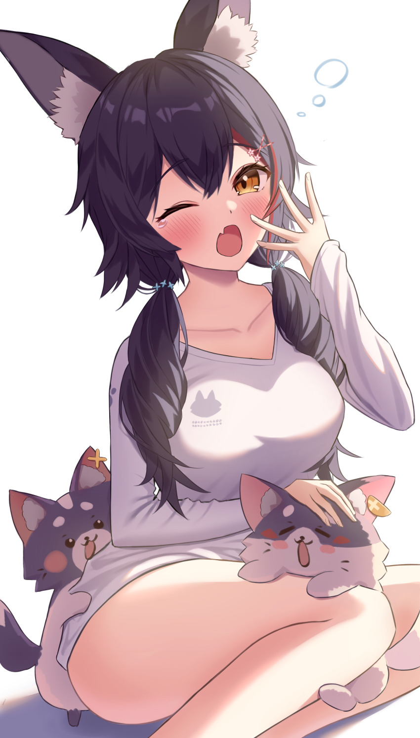 1girl absurdres animal animal_ear_fluff animal_ears bare_legs black_hair blush breasts collarbone fang feet_out_of_frame flipped_hair fox hair_between_eyes hair_ornament hand_on_animal hand_to_own_mouth hand_up highres hololive kumoru_(kumoru_145) large_breasts long_hair long_sleeves looking_at_viewer low_twintails miofa_(ookami_mio) no_pants one_eye_closed ookami_mio open_mouth outstretched_hand paw_print print_shirt shadow shirt simple_background sitting skin_fang solo squeans tearing_up twintails virtual_youtuber white_background white_shirt wolf_ears yawning yellow_eyes yokozuwari