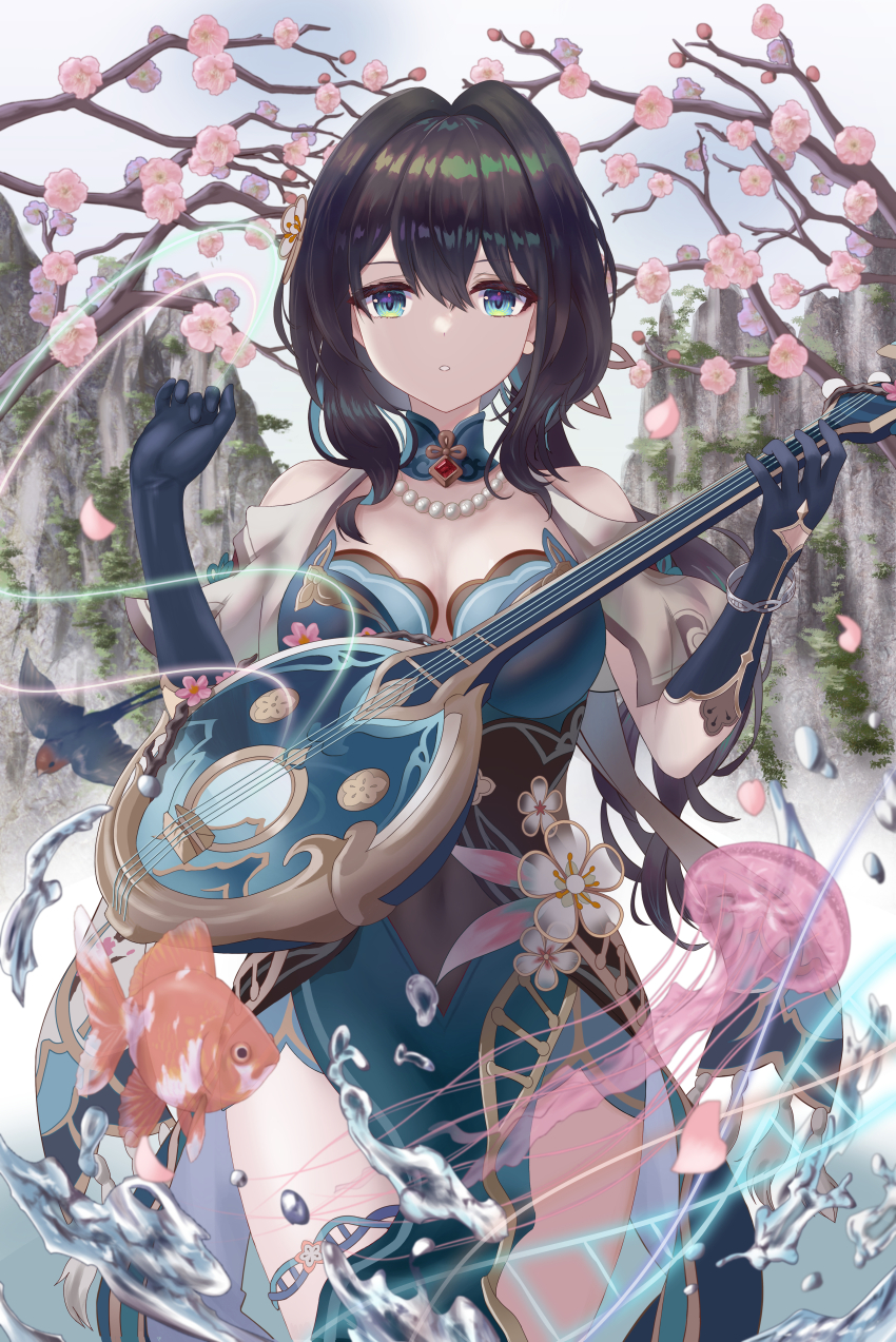 1girl absurdres bare_shoulders black_gloves black_hair blue_dress blue_eyes blue_gloves breasts cleavage clothing_cutout cowboy_shot dress elbow_gloves fish flower gloves goldfish hair_between_eyes hair_intakes hair_ornament highres holding holding_instrument honkai:_star_rail honkai_(series) instrument jellyfish jewelry large_breasts long_hair looking_at_viewer music necklace parted_lips playing_instrument plum_blossoms ruan ruan_mei_(honkai:_star_rail) shi3yin1 solo standing water