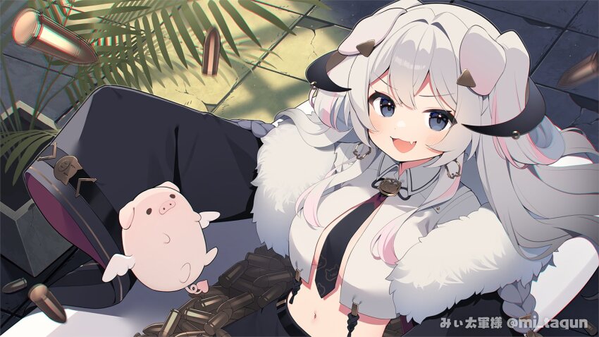 1girl :3 :d ammunition animal_ears black_eyes black_necktie blush breasts commentary_request commissioner_name fang flying_pig from_above fur-trimmed_jacket fur_trim grey_hair indie_virtual_youtuber jacket long_hair long_sleeves looking_at_viewer medium_breasts mitagun navel necktie nyasunyadoora open_mouth pig_earrings pig_print skin_fang sleeves_past_fingers sleeves_past_wrists smile solo stomach tile_floor tiles upper_body virtual_youtuber