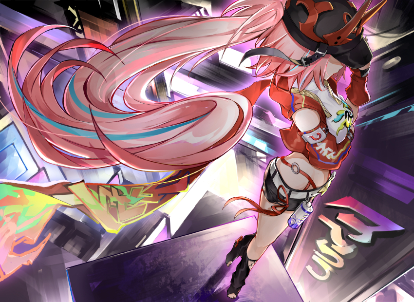 1girl absurdres asymmetrical_sleeves belt black_visor capelet evzeva graffiti hat_horns highres honkai:_star_rail honkai_(series) horned_hat jacket long_hair pink_hair rappa_(honkai:_star_rail) red_arm_warmers red_jacket single_sleeve_past_wrist spray_can uneven_sleeves very_long_hair white_belt wrist_belt