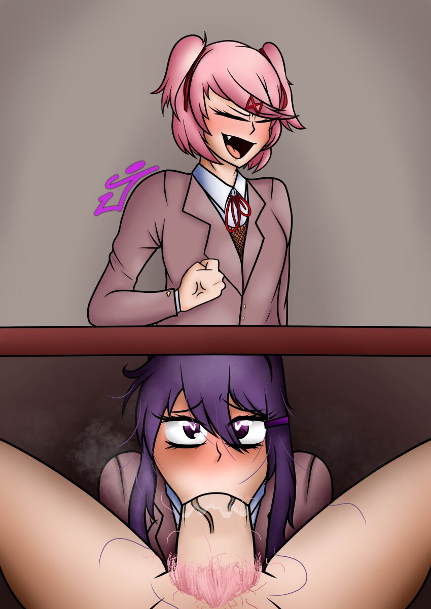 1futa 1girl absurdres blush bottomless breasts closed_eyes fellatio futa_with_female futanari highres jimsters_revenge natsuki_(doki_doki_literature_club) oral penis pink_hair purple_eyes purple_hair small_breasts yuri_(doki_doki_literature_club)