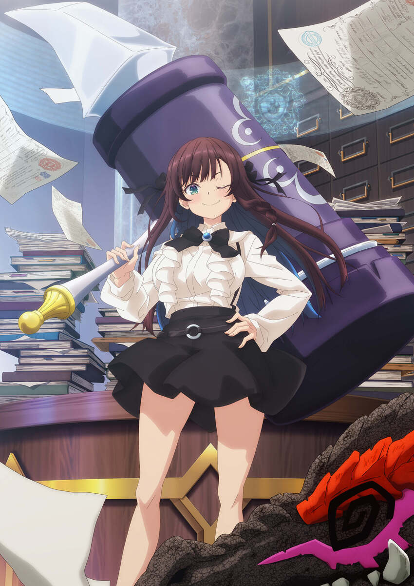 1girl 1other absurdres alina_clover black_bow black_bowtie black_hair black_ribbon black_skirt book book_stack bow bowtie braid breasts collared_shirt dragon green_eyes guild_no_uketsukejou_desu_ga_zangyou_wa_iya_nanode_boss_wo_solo_toubatsu_shiyou_to_omoimasu hair_ribbon hammer high-waist_skirt highres holding holding_hammer holding_weapon large_breasts long_hair looking_at_viewer official_art one_eye_closed paper ribbon shirt skirt smile solo suspender_skirt suspenders war_hammer weapon white_shirt