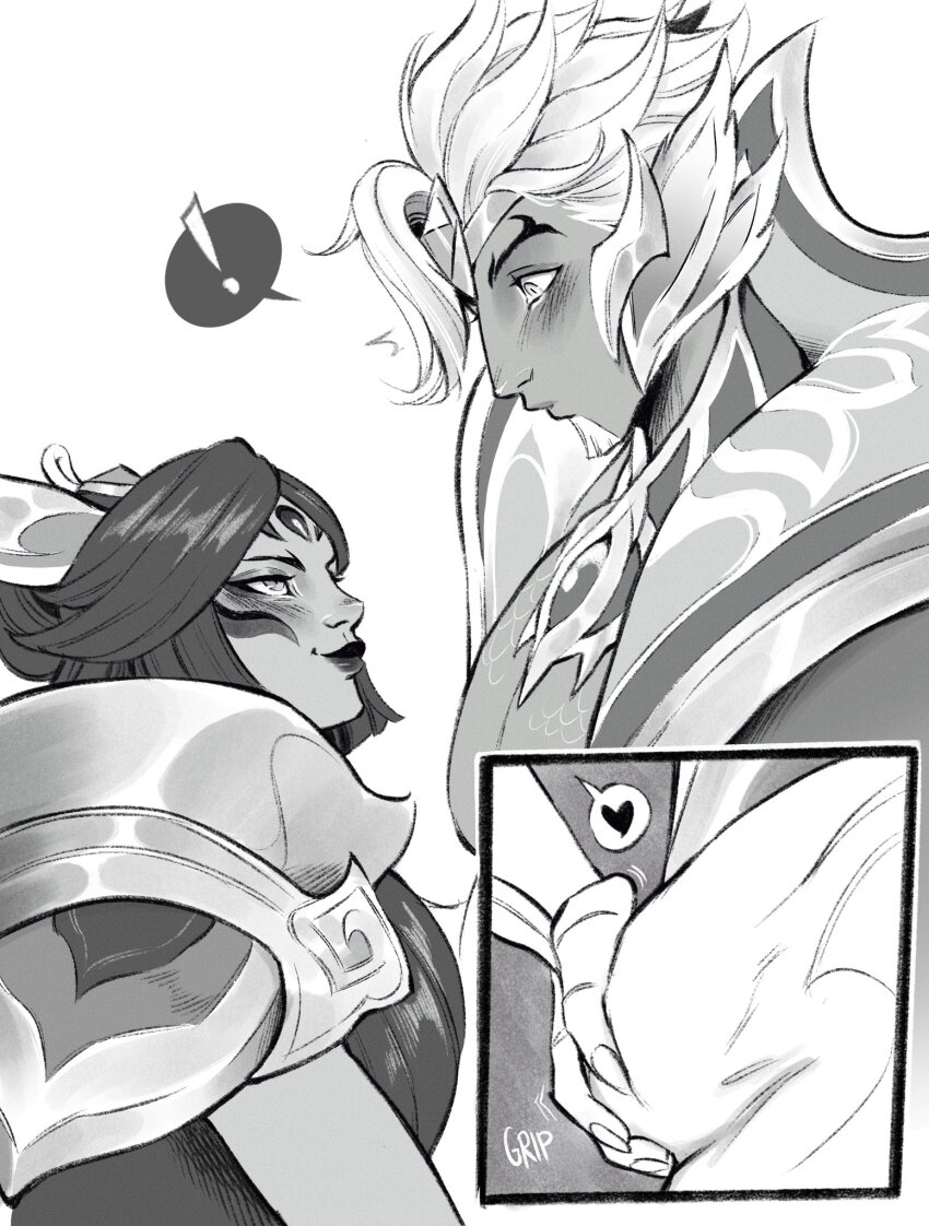 ! 1boy 1girl assertive_female black_lips blush brave_phoenix_xayah bulge closed_mouth couple crotch_grab dragonmancer_rakan green_(greeniris) greyscale hand_on_another&#039;s_crotch heart height_difference hetero highres league_of_legends lips monochrome official_alternate_costume one_eye_closed rakan_(league_of_legends) spoken_exclamation_mark spoken_heart xayah