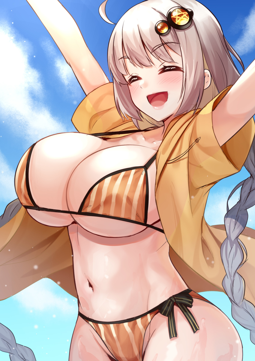 1girl absurdres arms_up bikini bikini_under_clothes blush braid breasts closed_eyes hair_ornament highres kizuna_akari large_breasts long_hair navel open_mouth orange_bikini silver_hair solo swimsuit tenneko_yuuri twin_braids voiceroid