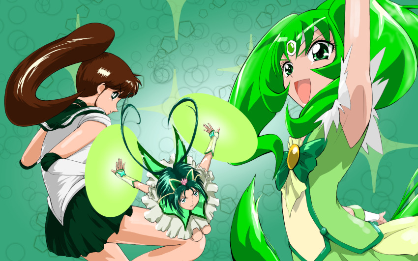 akimoto_komachi bishoujo_senshi_sailor_moon crossover cure_march cure_mint green_background highres kino_makoto magical_girl midorikawa_nao precure sailor_jupiter smile_precure! yes!_precure_5 yes!_precure_5_gogo!